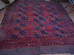 Non-Turkman Gulli-gul circa 1900. Uzbek? 2.34m x 2.75m Some holes, some small areas worn everywhere else thick pile. Good repair possibility. Great colours, underneath the dirt- Greens, yellows mid blue and navy blue and a strong true terracotta red.