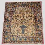 Double faced Antique Mohtasham Kashan rug.  One side is tree of life pattern and the other side is medallion pattern.  Condition is very good with trace of genuine purple silk at the edges.  Size is 21 x 24 inches.