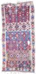  This mid 19th century Yuruk Kilim 

measures 5�1� x 10�5�.  It is woven in pieces, like they all are. The background colors are aubergine, various greens, ivory, and various reds as found only in Yuruk rugs that have no English words to describe them.  It has a nice ivory border.  It has holes as photographed on our website.  