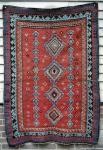 Unusual piece. I think it's a Zakatala based upon the drawing and the fact that the piece is entirely wefted in dark natural wool. Might be a Kazak though.