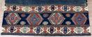 Antique Shahsevan Marfrash Panel, circa 1870
This large mafrash panel is in excellent condition, having only two small silver dollar sized repairs. It is approximately 4�  wide and has it�s full blue striped middle panel still intact. The colors are deeply saturated, having a beautiful jade green and real purple. The weave is extremely dense and the drawing powerful. It is an exceptional example of Shahsevan soumach weaving!