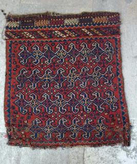  Shahsavan Bag Face, last quarter of the 19th century. This is one of a pair of lovely soumak woven bag faces. These pieces have no bad colors and have a very attractive upper closure in multiple natural colors. The second piece appears to have a section added to the bottom apparently taken from another part of the original bag.    