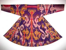  Uzbek silk ikat chapan robe, Bukhara 19th century. Very good condition, wonderful colors. Silk  wefts and warps, printed cotton lining.