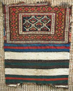 Persian bag face and face, 55 x 42 cms, 19th cent., symmetric knot, warps a mix of wool and goat hair; sections of brown wefts and a section of cotton wefts; white sections in the back are cotton; all good colours including a beautiful gold in the pile.