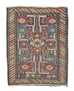  CAUCASIAN KUBA KARAGASHLI . 1,33 x 1,07 m (4, 36 x 3, 50 feed). Circa 1880. Very good condition. The ends are professional restored with antique Kilims wool impossible to see (museum quality restoration)
The colors, the well drawn border and the details are amazing. You can see the stylized palmettes of the Karagashli, the complex field of the Afshan pattern and large rounded florettes arranged on a diagonal system between rows of flame-like and star-like flowers, with smaller flowers heads arranged on the stem; like you can see in the Textile Museum in Istanbul Lot N 715 (CARPET WITH FLORAL DESIGN, Caucasian, 18th century, from the Ciftlik Mosque in Erzurum)
A very interesting piece with a complex design.
