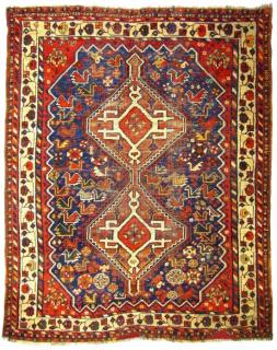  # 758 Great Qashqai birds rug, 127/160 cm, Southwest Persia, mid 19th century, all original condition except two small underlaid areas at the bottom, dozens of different (!) bird abstractions, wonderfully drawn white grounded border, the best natural colours and softest wool you can imagine, of course areas of low pile, but for such a museum like piece it is really ok!