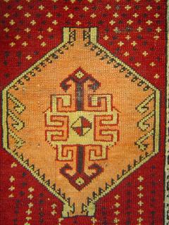 Space Ship on Red Sky: Anatolian Wool Knotted Yastik with Dark Brown Wool/Goat Wefts