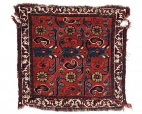  Old South Persian bagface, probably Afshar, with classic design and excellent saturated colors. Mostly good thick pile in field. Shiny lustrous wool. A few spots of moth nibbles and edges all rough with unraveling and shallow gouges. All good old natural colors. No repairs. Reasonably clean. Good age, 19th c.  Nice tribal weaving. 23\