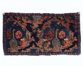  Interesting and unusual old Senneh panel with a classic design, fair condition and rich deep colors. Overall mostly good even low pile with some small spots of center wear exposing a bit of foundation. Characteristic single wefted cotton foundation. Sides rewrapped and ends slightly unraveled. Colors look top be all good natural, typical for a senneh of this age. Several blues and some very nice deep greens. Selling \