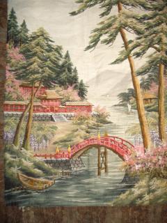  Highly skillful japanese embroidery, look at the shades of grey in the distant mountains or the threedimesional effects of the bridge, 137 x 113 cm, 4.6 x 3.8 ft.
