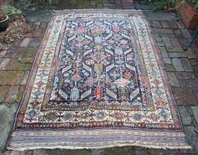  Antique Shekarlu, in need of t.l.c., old moth damage and repairs. Beautiful subtle colours, kel:m ends, full pile. 8'3'' by 5'3''