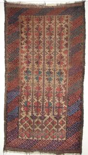  Camel-Ground Baluch rug with a very nice and colorful latch-hook border (interestingly, there are no minor borders) and a great rendition of the classic Baluchi leaf motif. The incongruity of the field at the bottom and the floral elements therein remind me of several types of Turkmen ensis but I am quite willing to conceed that this may be a projection on my part. Symetrically knotted, original selvedge, and a few inches of original flatweave on both ends. 81x150cm (32\'\'x59 inches)
<p>I'll be in the San Francisco Bay area all summer. If you are in town and would like to see some rugs (some for sale and some not) please email me.