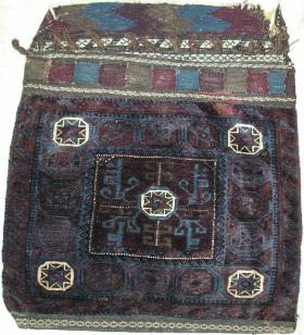  Large Complete Baluch Bag with complete fastening system and flatwoven back (still attached with coarse brown hair)Shiny lusterous wool with a dark palette of purples and blues. Pile bagface measures 58x 81cm (23''x 32'' inches)<p>I'll be in the San Francisco Bay area all summer. If you are in town and would like to see some rugs (some for sale and some not) please email me. 