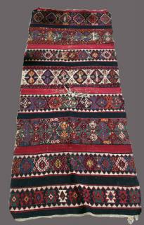  
Malatya Kilim, 125 to 130 years old.  Very finely woven and with fabulous colors such as a burgundy purple and rich aqua greens.  The piece is worn in places and does have a tear in the center but even so it is a vibrant and rich weaving. Approximately 3.5\'x6\'.