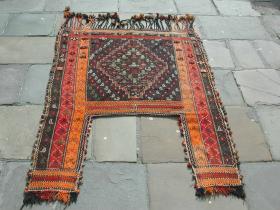  nice old Qashqai horse cover in mint condition early 20C. All wool mixed technique, some synthetic orange and red but no colour run.  Hanging rings attached .Would benefit from a clean  size 171 cm by 122 cm plus tassles