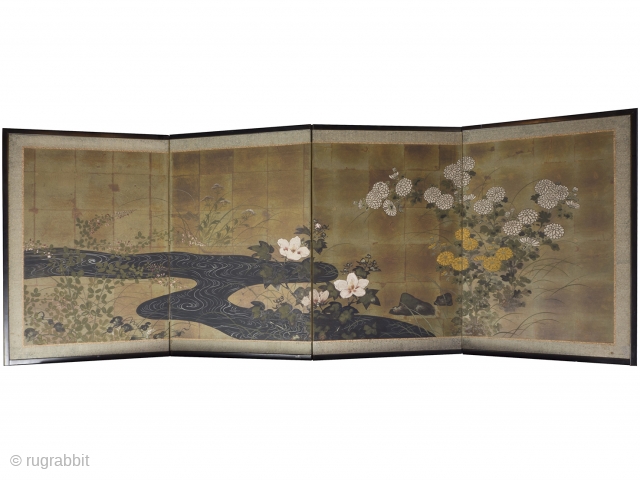A Rinpa school 4 leaf byobu, mineral pigments and gofun on gold leaf ground. 184cm x 69cm (72.4 x 27 inches). Beautifully drawn and executed, the well balanced composition featuring chrysanthemums and grasses  ...