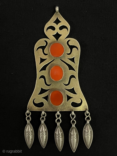 Ethnic Turkmen Silver Pretty Pendant Gold washed with Carnelian Size - ''13 cm x 5.5 cm'' - Weight : 23 gr.            