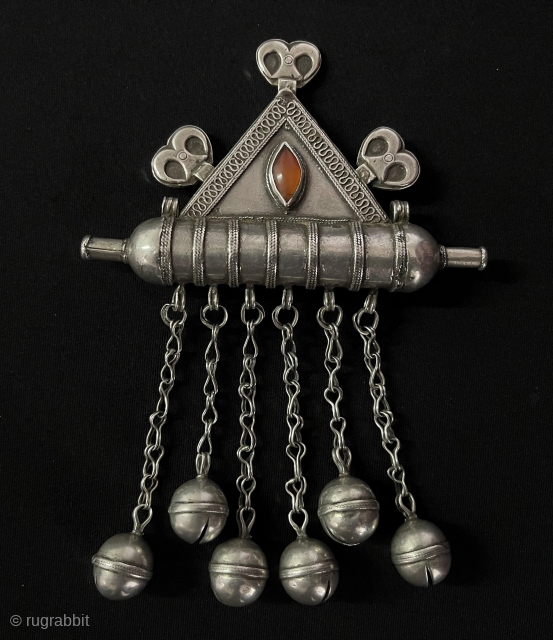 Central - Asian Antique Turkmen Tribal Silver Ak Tumar Amulet Pendant with Carnelian. Size - ''15 cm x 10.5 cm'' - Weight : 109 gr. Circa - 1900 Great Condition.   