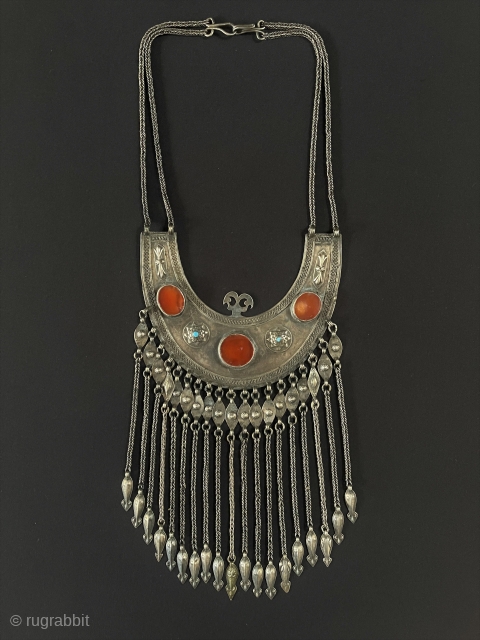 Central - Asian Antique from Afghanistan Tribal Silver Wedding Necklace Jewelery with Carnelian and Turquoise & Hanging Decorative Jewelry. Afghan Art Collector Jewelery. Circa - 1900 or earlier Fine Condition ! Size  ...