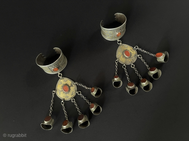 A pair of Antique Turkmen Tribal Silver Cuff Bracelets & Basilisk Gilded and with Carnelian Old Silver Rings.This Turkmen Art Collector Jewelry. Circa - 1900 or earlier Size - Bracelets - ''6  ...
