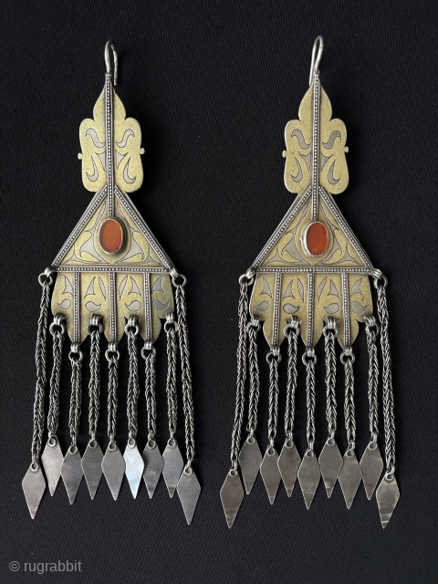 A pair of Turkmen Tribe Silver Earrings Fire Gilded with Carnelian & Hair Jewelry Accessories. Turkmen Women Use Silver Earrings İnstead of Gold When They Get Married. Size - ''20 cm x  ...