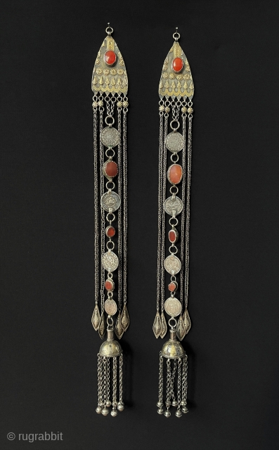 Central - Asian A pair of Antique Turkmen - Yomud Tribal Silver Headpiece & Hair Jewelry Fire Gilded with Carnelian and Old Silver Coins. Turkmen Art Collector Jewelry. Circa - 1900 or  ...