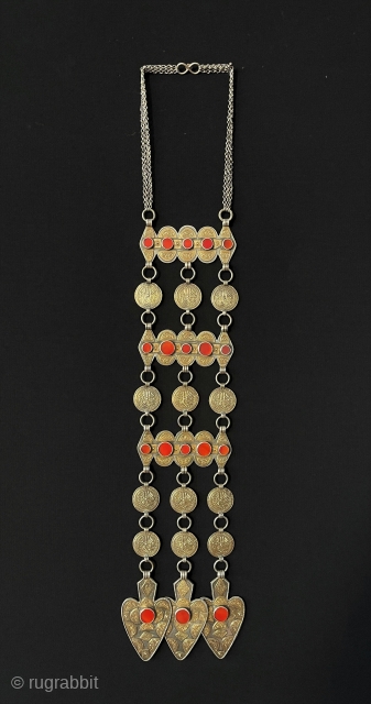 Antique Turkmen - Yomud Tribal Silver Necklace Fire Gilded with Carnelian. Turkmen people Used for Wedding and Engagement Days.Turkmen Art Collector Jewelery.Circa - 1900 Size - Lenght with Chain : 58 cm  ...