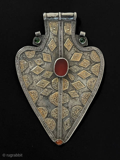 Central - Asian Antique Turkmen Yomud Tribal Silver Asyk Pendant Fire Gilded with Carnelian & Gemstone. Circa - 1900 Size - ''19 cm x 13 cm'' - Weight : 186 gr.  