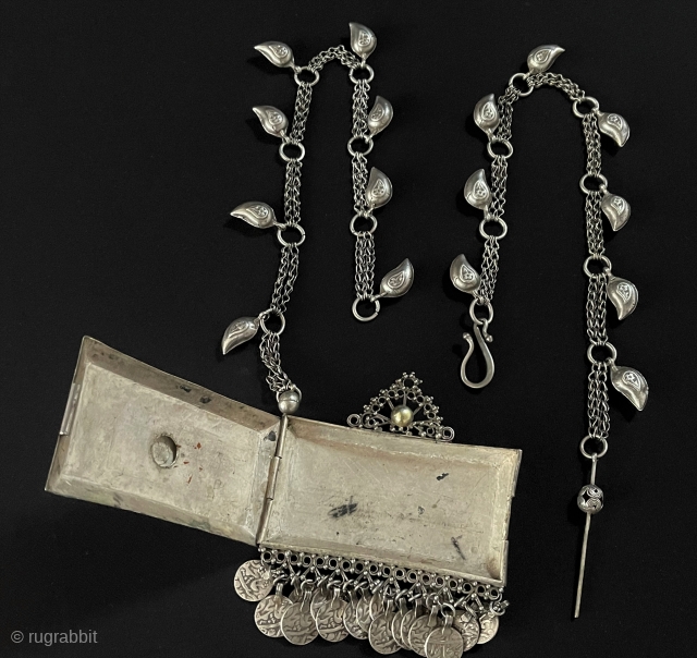 Central - Asian Antique Uzbekistan Tribal Handcarved Silver Necklace & Gold Washed.
Before, when people used it, they used to print a picture of their loved ones or amulets and use it. Circa  ...