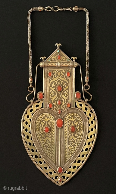 Central - Asian LARGE & RARE ! Antique Turkmen Traditional Silver Hanging Decorative Jewelery Gold Washed and with Carnelian & Turquoise. Turkmen Tribal Silver Asyk Necklace Talismanic Handcrafted. Turkmen Art Collector Jewelery.  ...