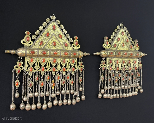Central - Asian A pair of Antique Turkmen - Tekke Tribal Large Tumar Necklace Fire Gilded with Carnelian & Wall Hanging Jewelery. Turkmen Art Collector Jewelery.
Excellent Condition ! Circa - 1900   ...