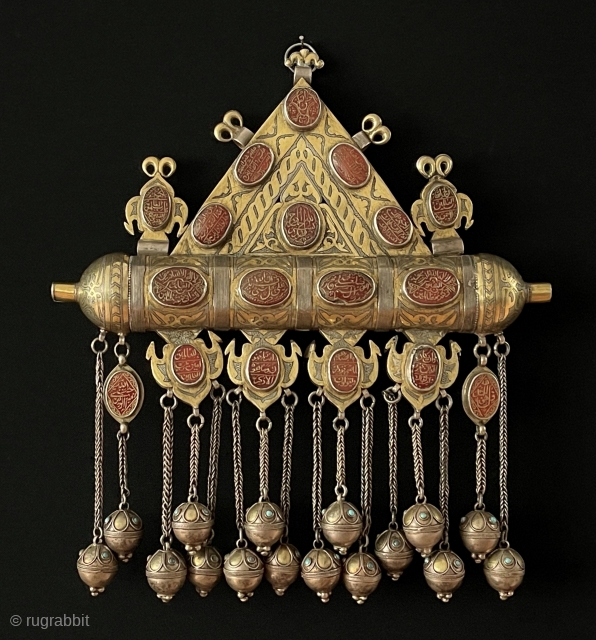 Central - Asian RARE ! Antique Turkmen Traditional Silver İslamic Tumar Necklace Jewelery Fine Gilded with Carnelian. Turkmen Art Collector Jewelery. Size - ''32 cm x 29 cm'' - Weight : 1001  ...
