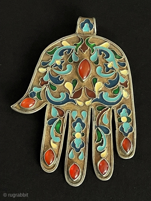 Antique - Bukhora Tribal Silver Enamel Hand Pendant with Gilded & Carnelian. Size - ''11 cm x 8 cm'' - Weight : 60 gr.         
