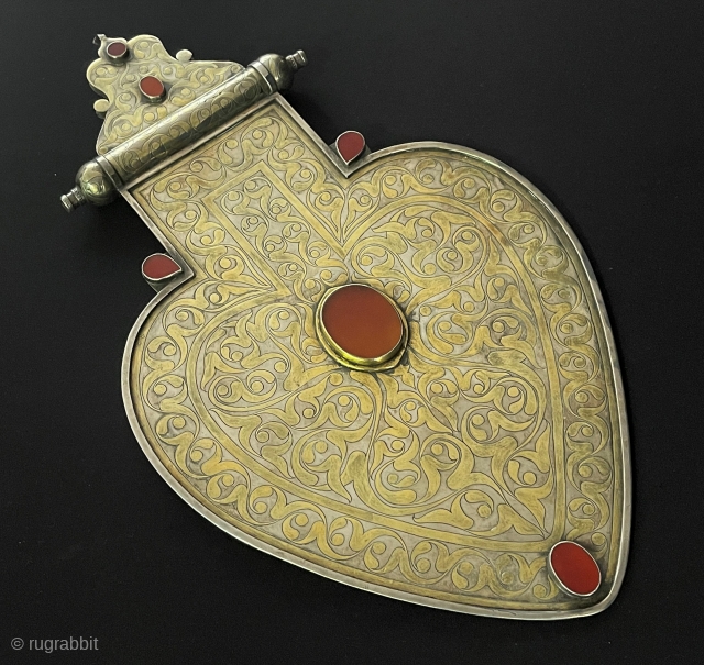 RARE ! LARGE ! Antique Turkmen / Turkoman Silver ASyk Pendant Fine Gilded with Carnelian. İskendery Design Great Condition Turkmen Wedding Silver Jewelry & Wall Hanging Jewelery. The back of this necklace  ...