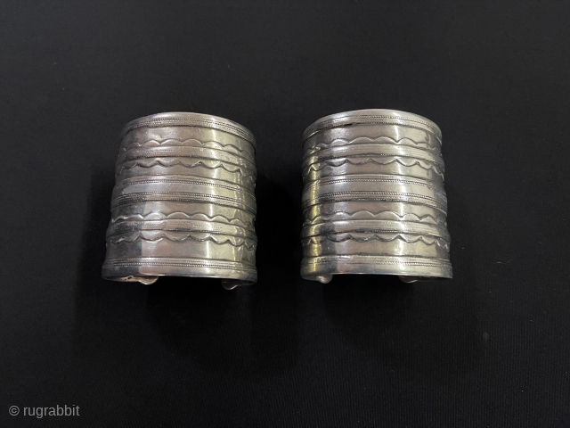 Central - Asian A Pair of Turkmen Traditional Silver Wedding & Engagement Bracelets - Arm band, Desbend Circa - 1930 Size - ''6.5 cm x 7 cm'' - İnnir cirfumference : 15  ...