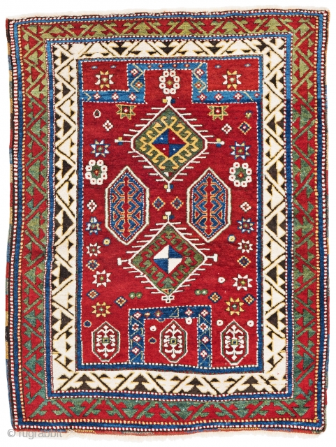 Lot 20, Bordjalou Kazak prayer rug, 147 x 112 cm (4ft. 10in. x 3ft. 8in.), starting bid: € 2400, Auction on April 7, 5pm, https://www.liveauctioneers.com/item/60930656_bordjalou-kazak-prayer-rug        
