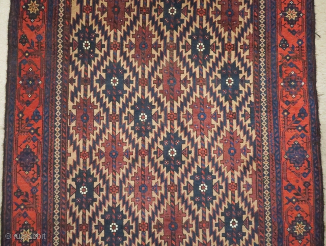 Baluch camel ground rug with an asmalyk design and minakhani border. Camel warp as well. Size is about 3'6"x 7".             