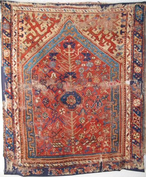 Large 18th century Ushak Prayer Rug, conserved and partially mounted, 4'7"x5'6" /140x168cm                     