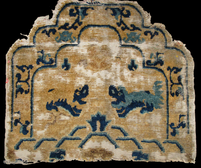 Chinese Ningxia Fu Dog Throne Back. Good older example with traces of Indian block-printed textile around the sides. (21 inches tall by 25 inches wide)        
