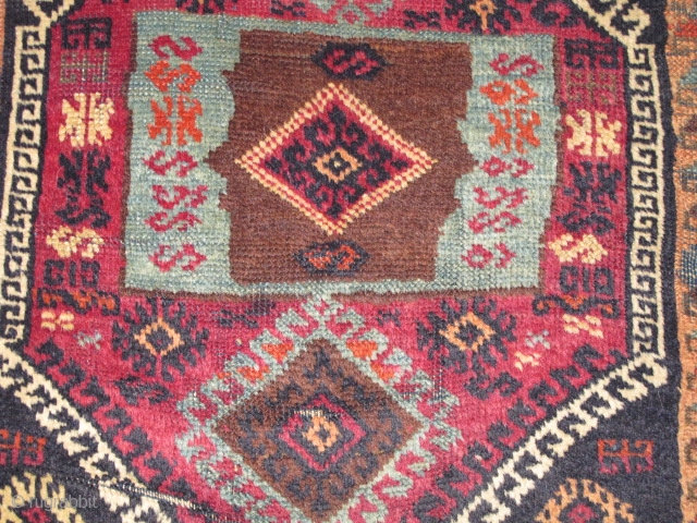 East Anatolian Kurdish yastik, beautiful shimmering unlined center, 3 blues and a lighter blue weft than most of this type. Complex use of abrash. A very authentic antique village piece with good  ...
