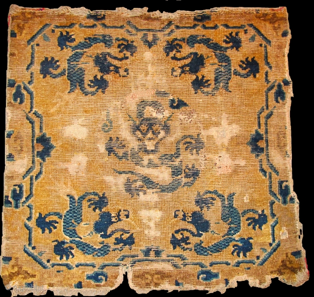 Chinese Ningxia Dragon Seating Square, probably 18th cen. Qianlong period. rough condition and could use a wash but very compelling drawing. (size = 25"x26" / 64x68cm)       