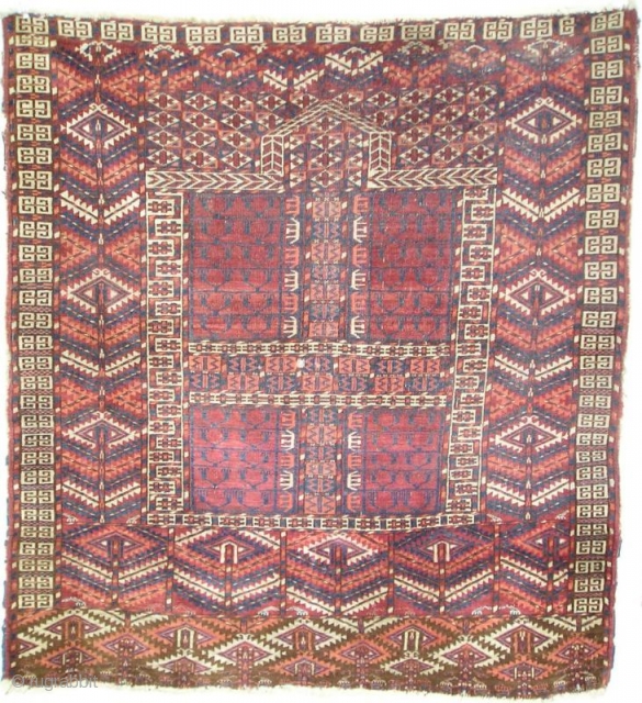 Plush Tekke Turkmen ensi. Squarish format measuring 124x135cm (4'1''x4'5'' )Very nice un-dyed natural browns and interesting sainak formation on the sides and top. Good condition overall.       