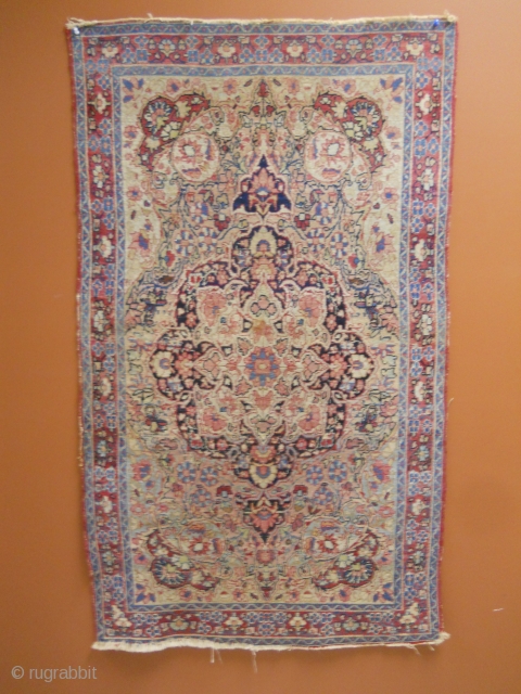 Kirman area rug - 54" x 30", beautiful drawing and great large scale medallion. Overall wear and could use cleaning and securing ends.          