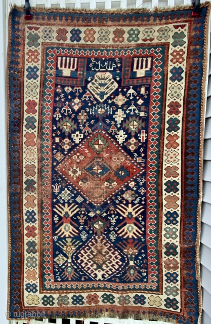 Kazak prayer rug - about 3.3 x 4.11.  Wonderful format.  Overall wear/oxidation. Later sidecords and unsecured ends.              