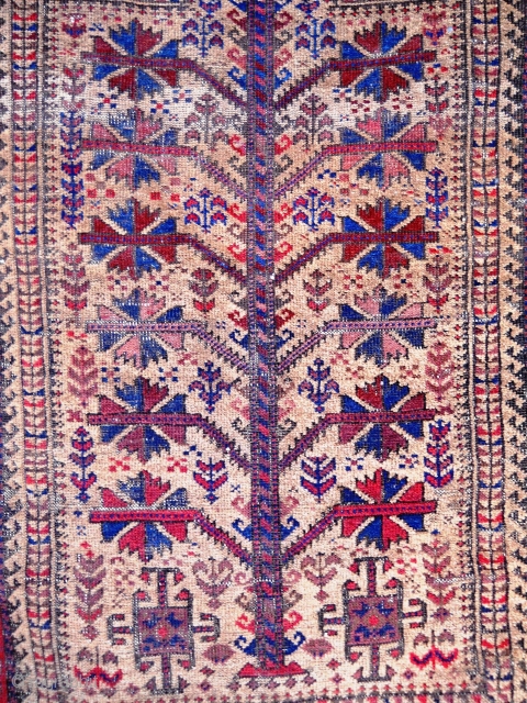 Baluch prayer rug - 4.9 x 3.2, interesting lower border, kilim bands mostly there, crude side cord repair, oxidation, nice field design elements. In need of cleaning.      