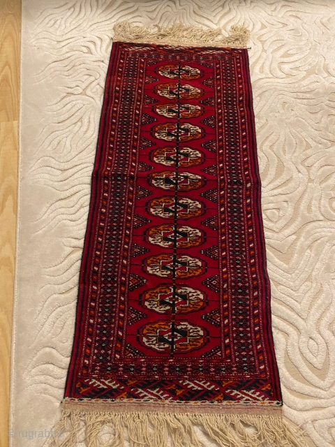 Made in turkmenistan (Handmade) with Goat Hair 
age:70 Years
Dimensions:130 cm x 53 cm = 0,68 m2
For the Contact:dzahiroglu@outlook.com               