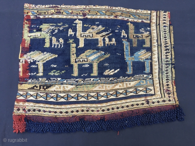 Two extremely rare Azeri Verneh horse cover fragments. Cm 36x43 and 39x44. Datable to third quarter of 19th century, but, could be even older. Warp is indigo blue and madder red. Pattern  ...