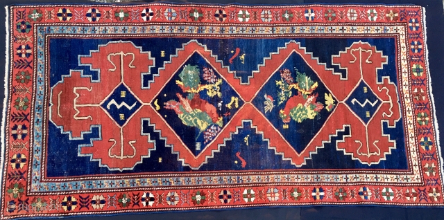 Karabagh rug, cm 235x118, ft 7.7x3.8, early 20th century or older, lovely pattern, great dyes, some old restorations, in good conditions.            