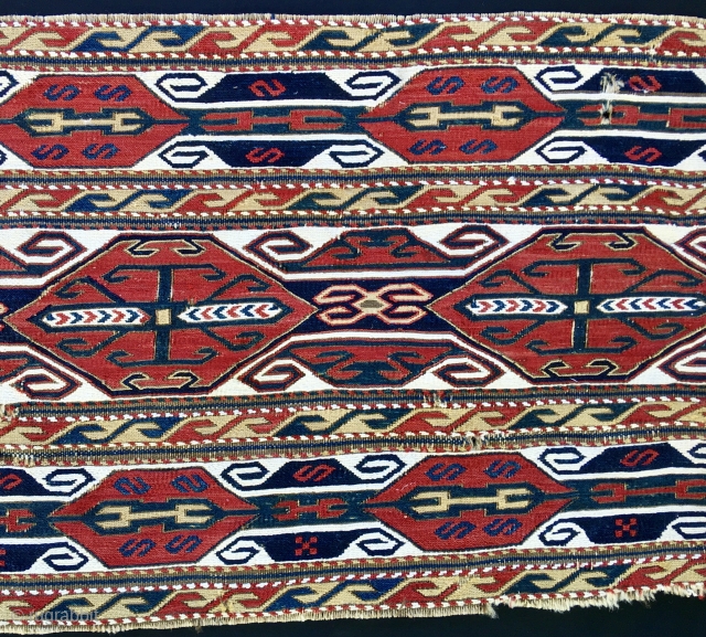 Karabagh or Shahsavan?! Awesome mafrash/bedding bed side panel. Cm 38x98. Second half 19th century. Very fine weave, wool & cotton, lovely, deep saturated colors, reds and blues and yellows, great pattern with  ...