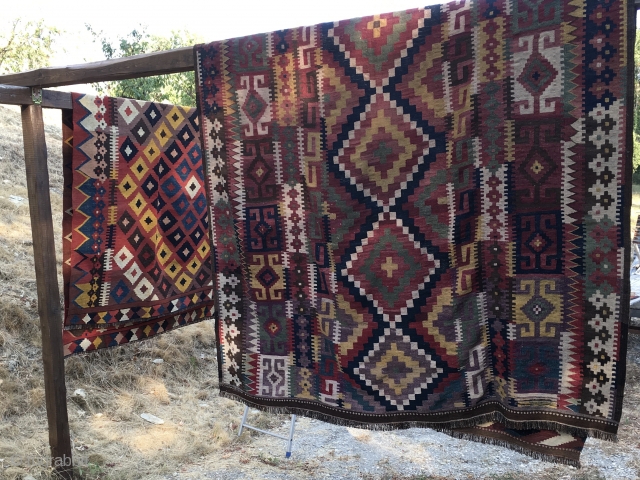 Maimana kilims. Two lovely ones, big, colorful, natural dyes, in good condition. Please ask for more infos, size, etc. See one of them here: http://rugrabbit.com/node/129926
If you have time go & see the  ...